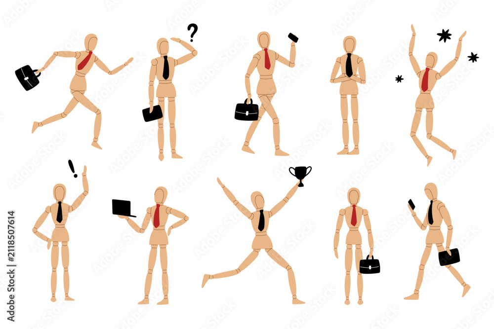 Fototapeta premium Businessman wooden mannequin poses. Artist reference model with office accessories, smartphone, briefcase and laptop, teamwork and success presentation garish vector cartoon isolated set