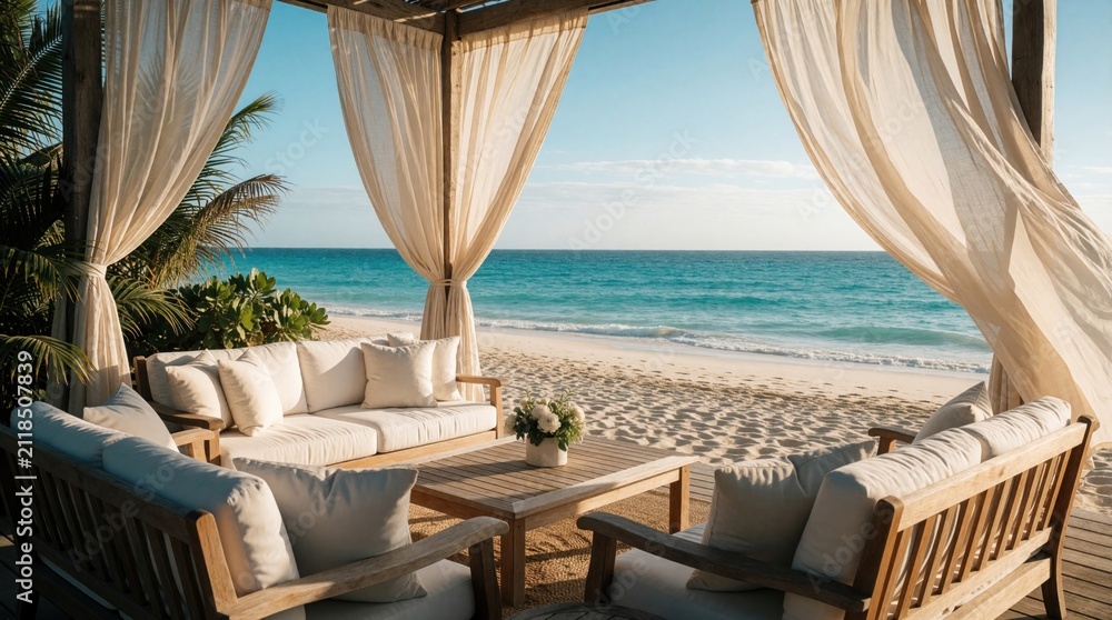 Obraz premium Luxury beach cabana with comfortable white sofas, wooden coffee table. Open lounge area faces turquoise ocean water on sunny day. Tropical resort patio features beige curtains blowing in wind.