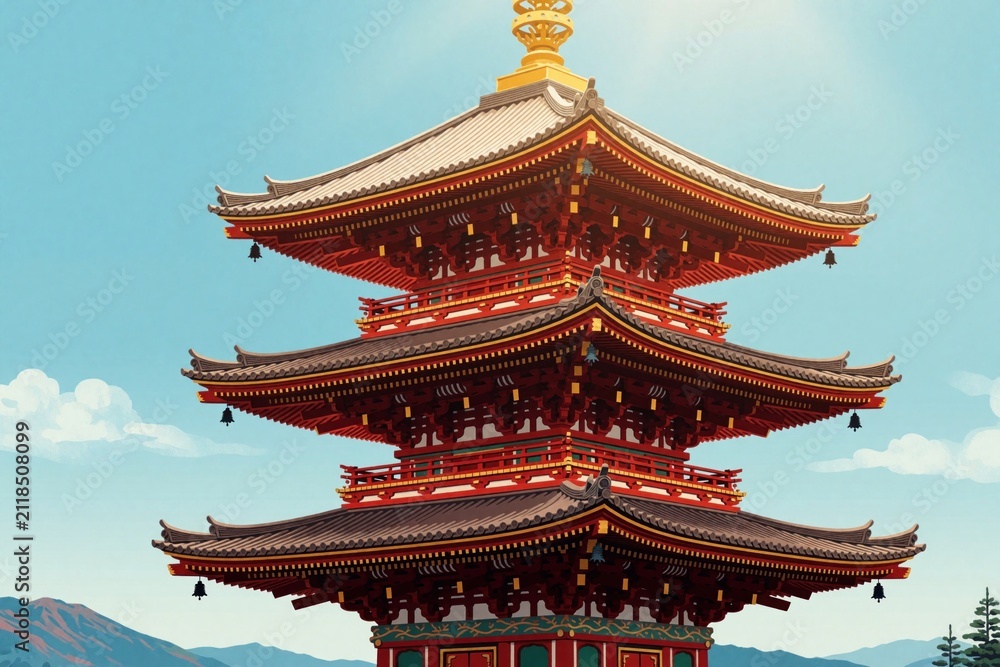 Fototapeta premium Traditional Japanese pagoda tower stands against bright blue sky. Red wooden multi story temple structure with ornate roofs, gold detail features classic oriental architecture. Scenic historic