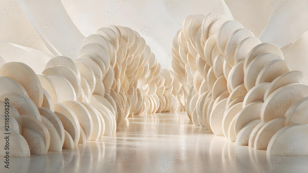 Obraz premium Soft cream abstract corridor formed by stacked circular disc sculptures, warm minimal interior