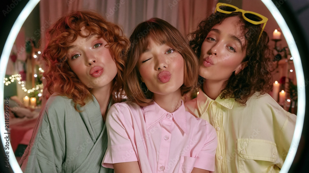 Fototapeta premium Three trendy young women with curly and straight hair blowing kisses towards the camera, framed by a ring light, create a fun and playful selfie moment.
