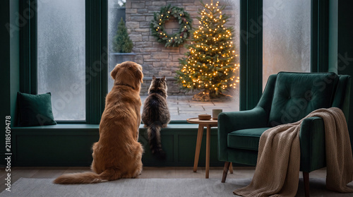 Cat and golden retriever looking at a Christmas tree together