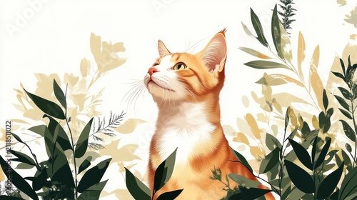 A Whimsical Feline Among Botanicals: A charming orange tabby cat with striking green eyes gazes upwards, surrounded by an enchanting arrangement of lush green and subtle beige foliage.