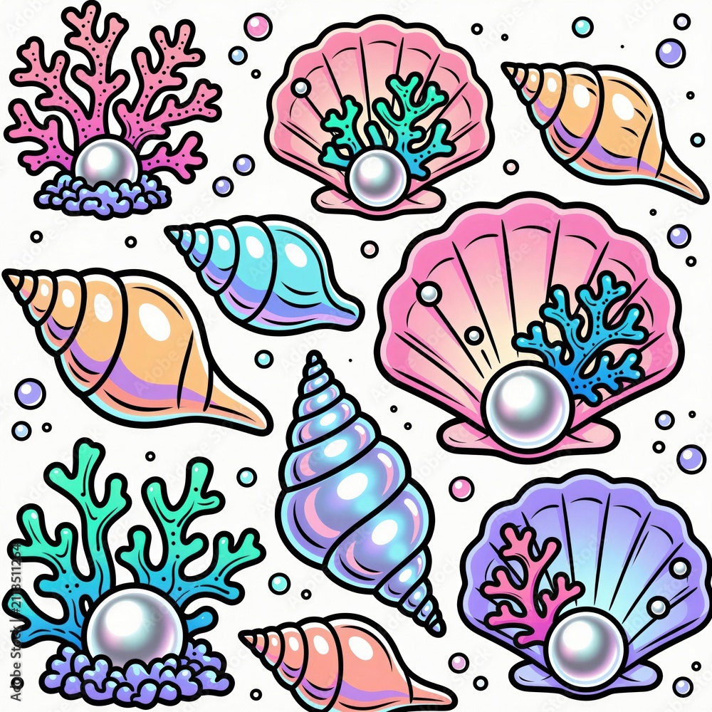 Obraz premium Cartoon stickers with colorful seashells pearls and coral reefs. Marine life elements on white background. Underwater treasures and ocean treasures collection for design.