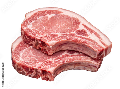 Two fresh raw bone-in pork loin chops, stacked and ready for grilling, isolated on transparent background.