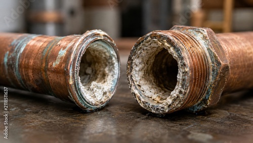 Old copper pipe with severe scale and mineral deposit buildup. Clogged metal plumbing showing calcification and pipe corrosion. Maintenance and repair concept for home water system.