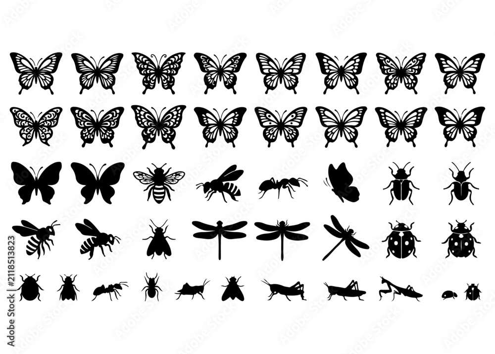 Fototapeta premium Insect Silhouette Collection Black Silhouette Vector Collection Bundle Isolated Clipart for Design, Logo, Cricut, Commercial Use