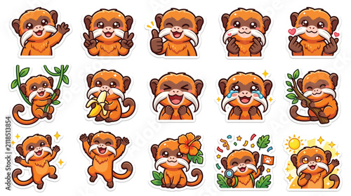 Foto A collection of cute cartoon tamarin monkey stickers showing various emotions and actions like waving, thumbs up, eating banana, crying, and holding a branch