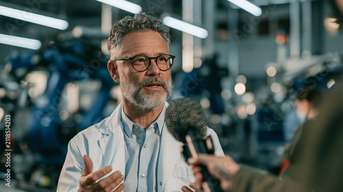 Interview with a Scientist: A mature scientist with a beard and glasses in a lab coat is interviewed by a reporter holding a microphone in a modern laboratory setting filled with advanced technology.
