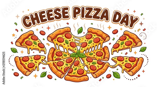 Cheese pizza day illustration with pepperoni slices isolated on white background
