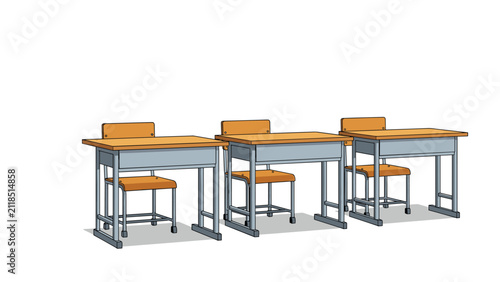 Row of three empty wooden school desks and chairs arranged neatly in a classroom setup on a clean white background.