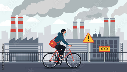 Man wearing a protective face mask riding a bicycle through a highly polluted industrial area with smoking chimneys.