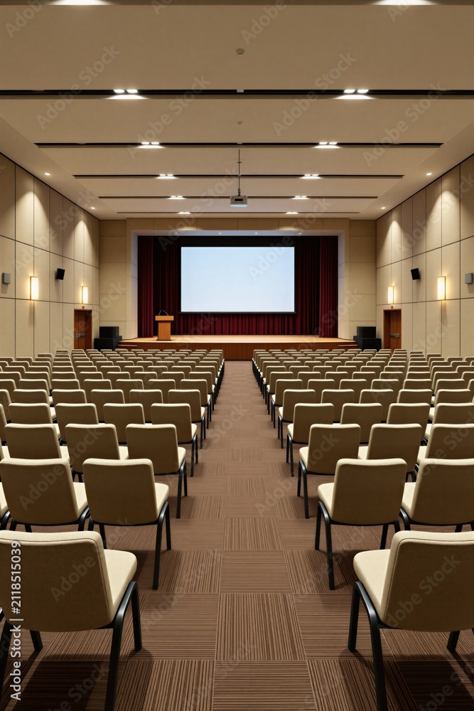 Fototapeta premium Modern conference hall with rows of empty beige chairs facing a stage and blank screen. This pro venue is set for a business meeting or presentation.