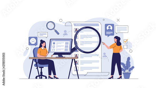 Human resources recruiters analyzing candidate profiles with a giant magnifying glass in a digital recruitment process.
