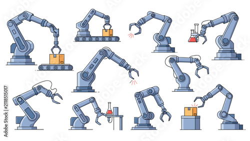 Industrial robotic arms set showing various automated manufacturing tasks such as sorting, welding, and liquid handling.