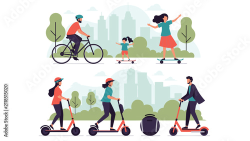Diverse people enjoying personal electric and manual eco-friendly transport such as scooters and bikes in a city park.