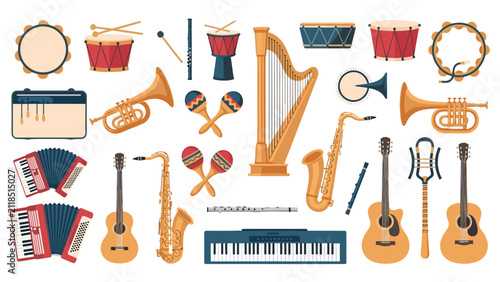 Comprehensive collection of classic musical instruments such as acoustic guitars, woodwinds, percussion, and keyboards.