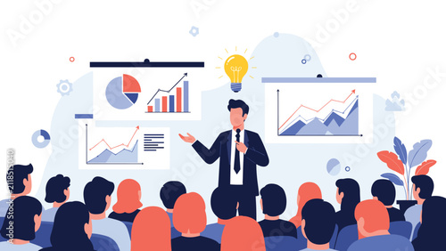Professional speaker presenting innovative business growth strategies and charts to an attentive large audience.