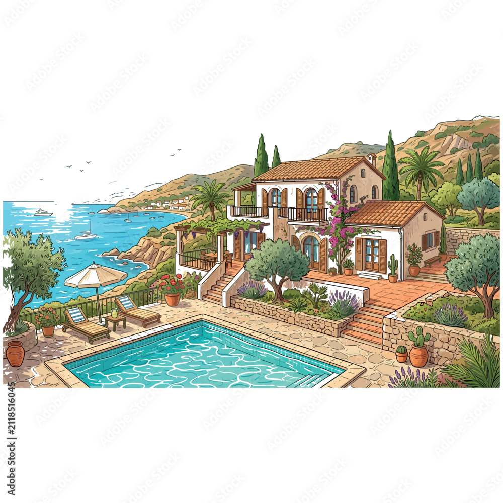 Fototapeta premium Mediterranean Villa With Pool vector illustration print