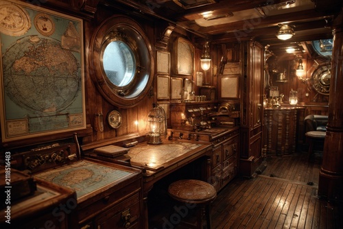 Navigator cabin with charts compass porthole and brass instruments