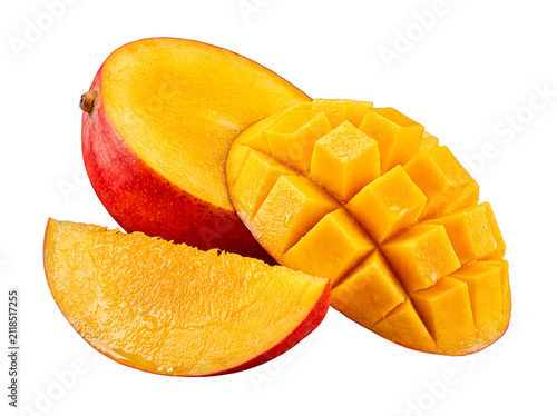 Fresh tropical mango fruit, whole, half, and sliced, vibrant and juicy, isolated on transparent background.