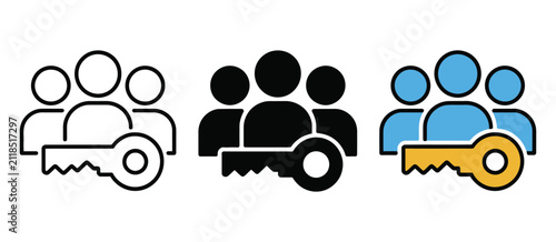 Team access key icon featuring person group, authentication, user permission and secure access control symbols in vector style