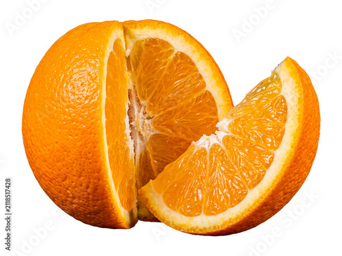 Fresh whole orange, partially sliced with a single wedge detached, revealing juicy segments and rich textures.