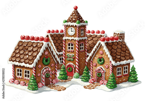 highly detailed watercolor illustration of a magical gingerbread village with chocolate icing and candy canes, featuring a clock tower and frosting trees, against a transparent background. concept of