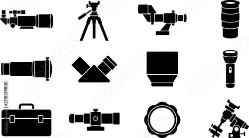 Obraz na plátne Telescope equipment icons set featuring refractor tripod diagonal prism eyepiece
