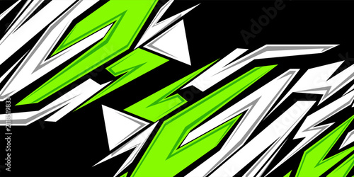 Abstract racing decal background with dynamic geometric shapes. Sporty livery backdrop design with sharp lime green, white, grey, and black stripes vector illustration.