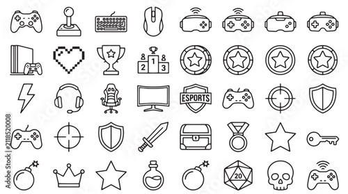 Video game line icons set, 40 gaming elements vector collection, esports and gaming equipment symbols, black and white gamer interface graphics