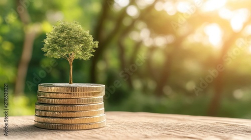 Sapling on Coins: A small tree sapling sprouts from a stack of golden coins, symbolizing growth and investment against a backdrop of dappled sunlight and green foliage.