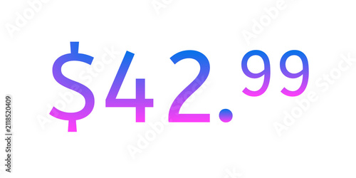 Modern Price tag $42.99 dollars vibrant blue and pink gradient on transparent background. Minimalist pricing design representing psychological pricing e-commerce, online shopping