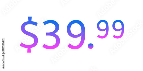 Modern Price tag $39.99 dollars vibrant blue and pink gradient on transparent background. Minimalist pricing design representing psychological pricing e-commerce, online shopping
