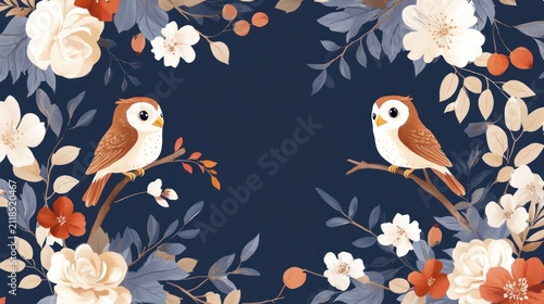 Two Birds in Bloom: Whimsical illustration of two adorable birds perched on branches, surrounded by a rich tapestry of blooming flowers, berries, and lush foliage against a deep navy background.