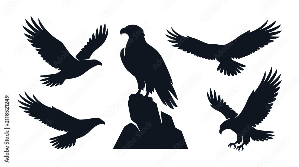 Fototapeta premium Eagle silhouettes in flight and perched black on white background