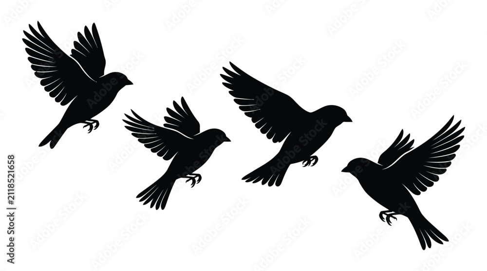 Fototapeta premium Bird silhouettes in flight black shapes against a white background