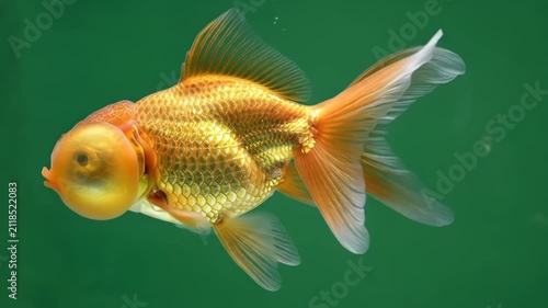 A vibrant orange bubble eye goldfish swimming in a deep green water tank