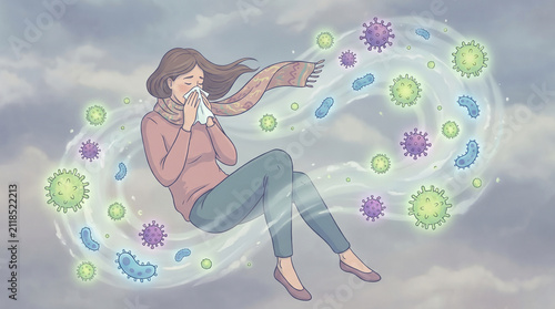 woman in autumn clothes wiping nose. Pollen and virus allergy concept.