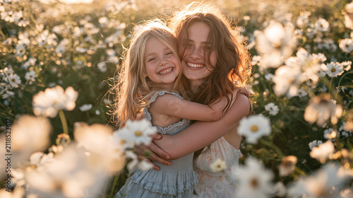 Mother and Daughter Embrace in a Field of Daisies: A heartwarming moment captured between a mother and her young daughter.