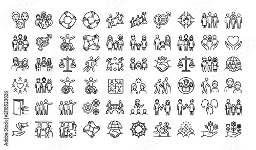 Diversity Inclusion Equality Community Monochrome Line Vector Icon Set