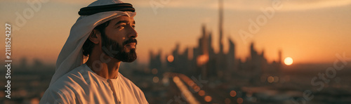 Arab Man Gazing at Sunset Skyline: A dignified Arab man in traditional attire stands against a breathtaking sunset, with a modern cityscape silhouetted in the background.