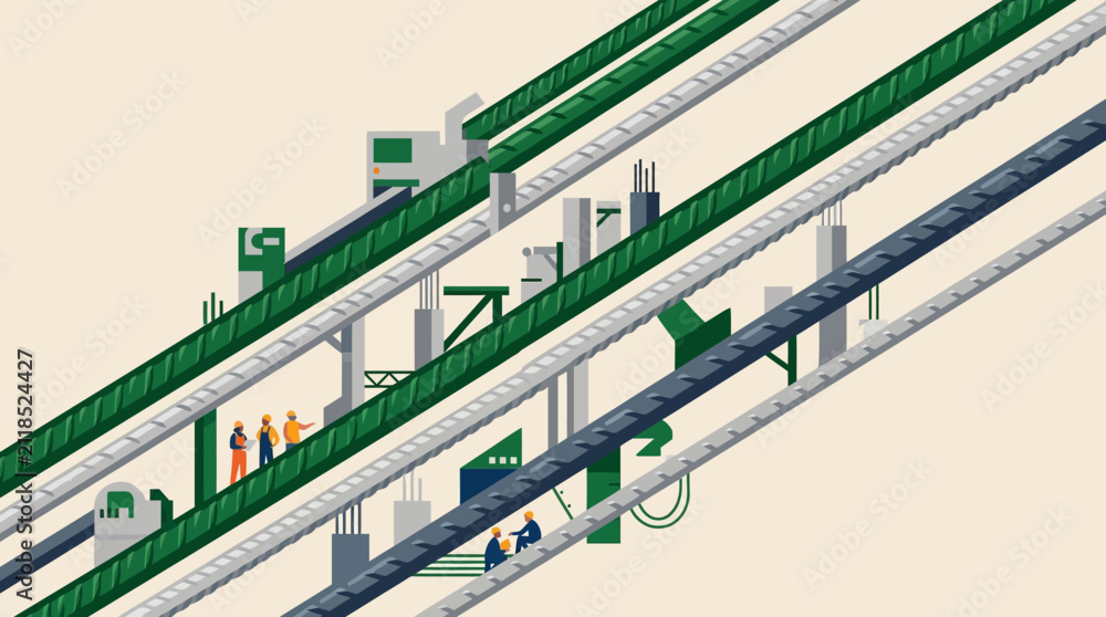 Obraz premium Abstract Vector Illustration of Construction Workers on Steel Rebar Structures