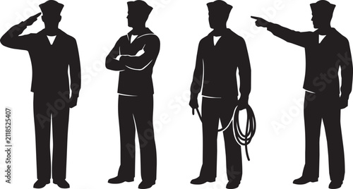 Fotografie Four Naval Sailors Standing Side by Side Silhouettes with Sailor Caps and Rope
