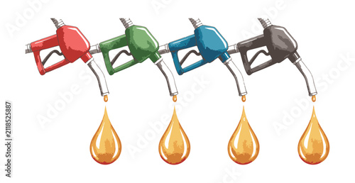 Colorful Gas Pump Nozzles with Dripping Fuel Drops Illustration