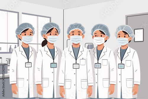 Team of five dedicated healthcare professionals wearing white lab coats, protective face masks, and hairnets.