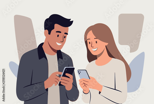 Young smiling couple standing next to each other and happily browsing on their smartphones, exchanging ideas.