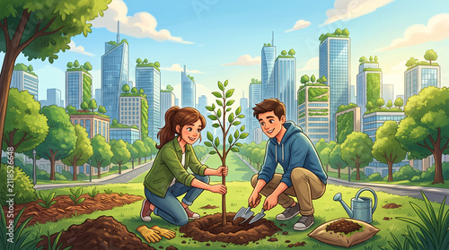 People planting a green tree in the soil. ecology protection background.