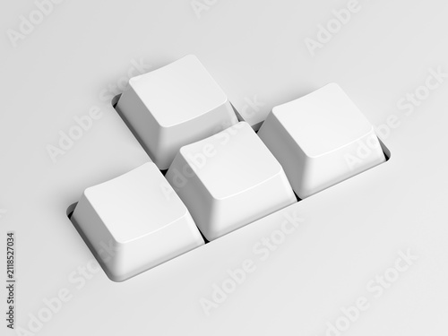 White keyboard keys. Close-up macro view of blank computer keycaps on a clean white surface. Navigation keys. Blank. 3d illustration.