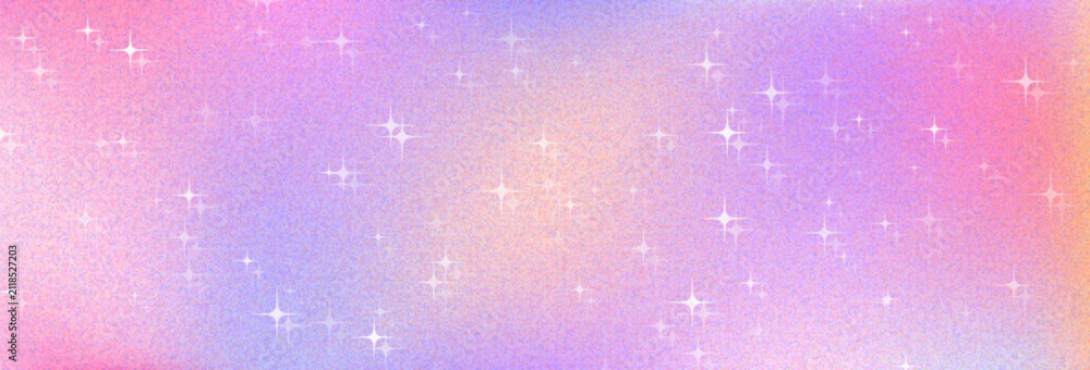 Fototapeta premium Magic gradient background with glitter sparkles on pink and purple. Vector realistic illustration of rainbow pastel wallpaper with stars, dreamy unicorn-themed backdrop for fantasy magic designs